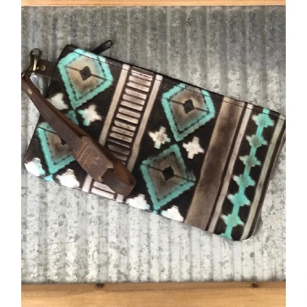 Hide Junkie Wristlet Pouch Women OS Brown Aztec Turquoise Leather Made in USA